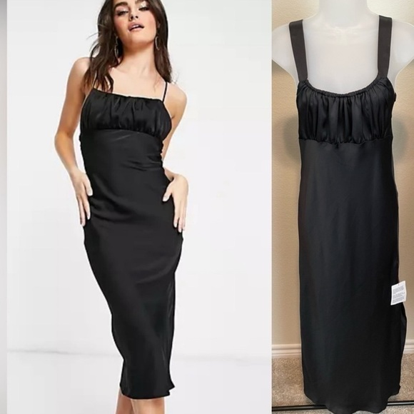 ASOS Women Maxi Slip Dress XS Black Bodycon Ruched Top Cocktail Party Preppy - Picture 1 of 10